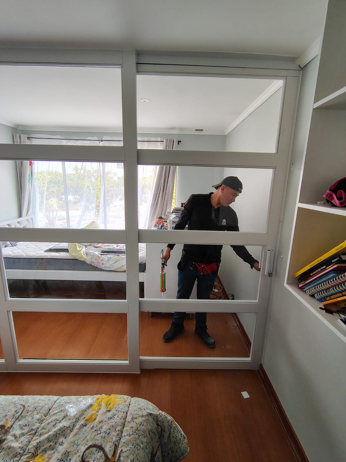 División de aluminio y vidrio con puerta integrada